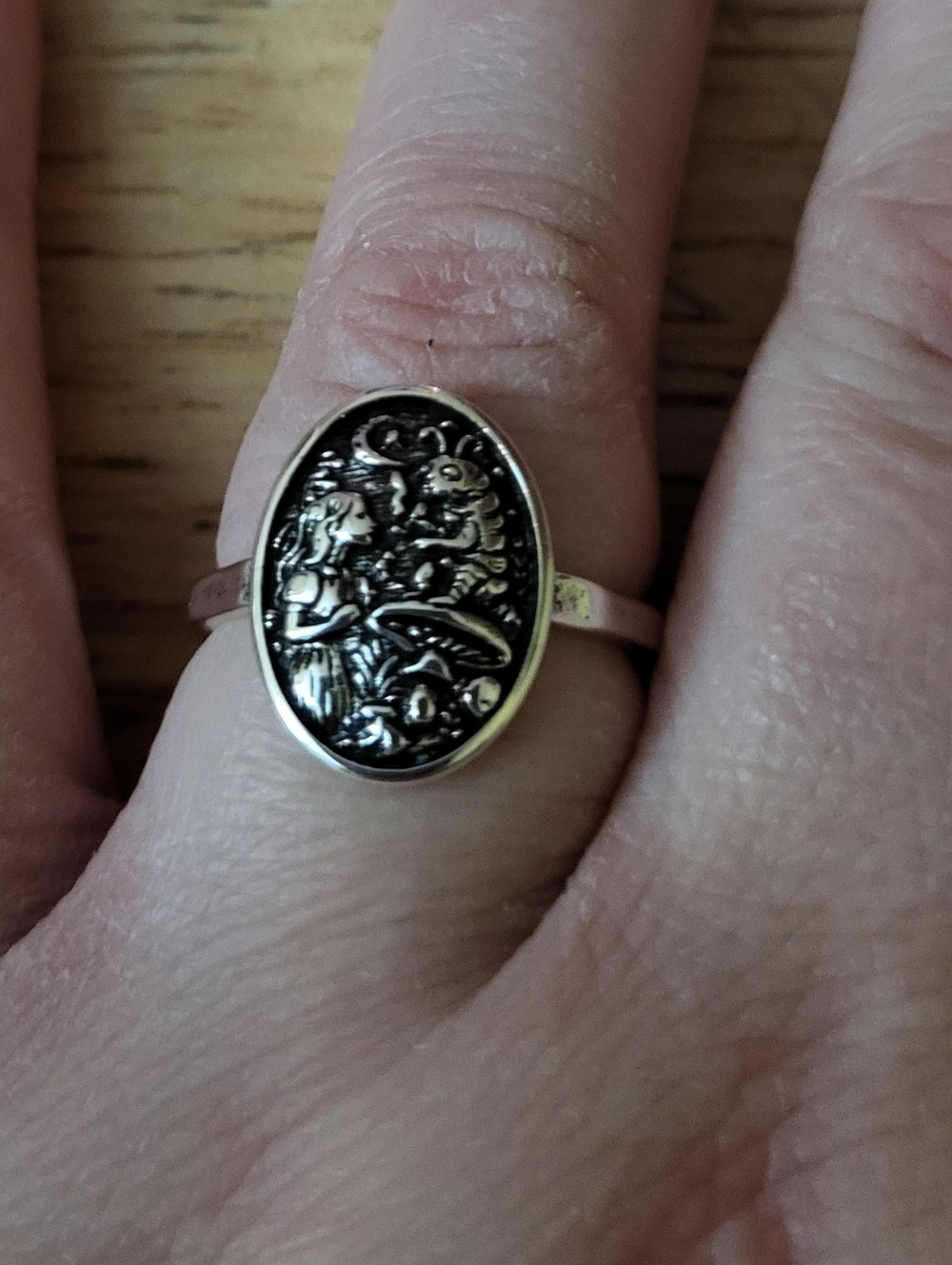 Silver Tone Inspired By Alice In Wonderland Ring  Size 7